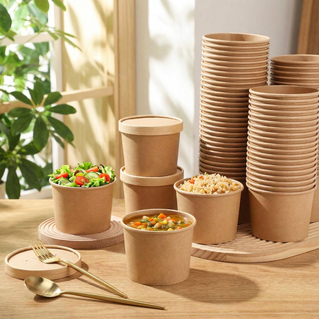 Fulmoon 100 Pack Paper Soup Containers with Lids Disposable Paper Food Containers with Vented Lid Kraft Ice Cream Cake Dessert Cups Soup Bowl for Party Hot Food Fruit Microwave(4 oz,Brown)