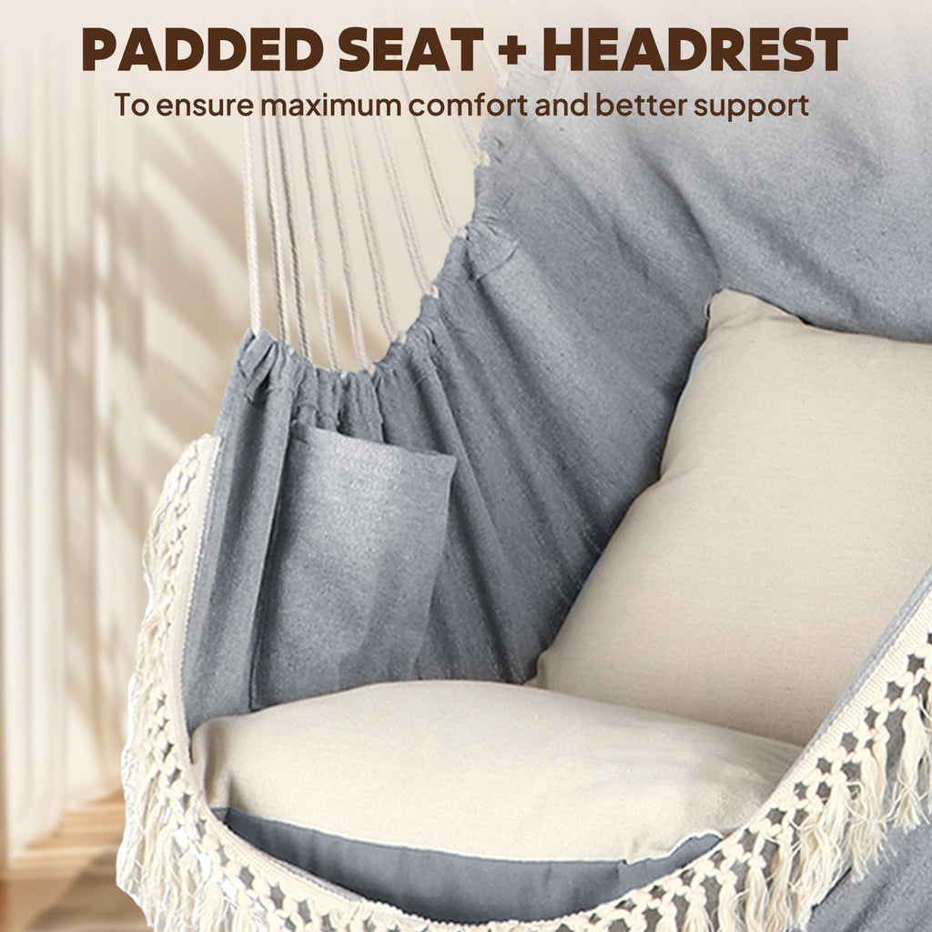 Chihee Hammock Chair Hanging Swing Max 500 Lbs 2 Cushions Included Metal Spreader Bar with Anti-Slip Grooves Portable Hanging Chair Side Pocket Large Macrame Bohemian Chair Indoor Outdoor | Hanging Swing with Anti-Slip Grooves Portable Hanging Chair Side