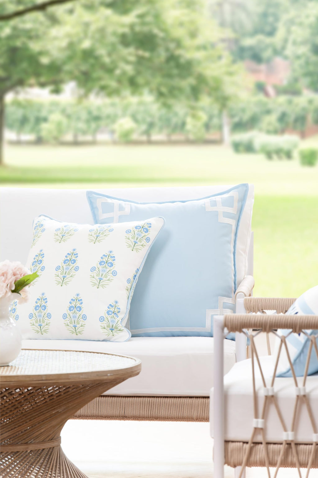 Hofdeco Premium Coastal Patio Indoor Outdoor Lumbar Pillow Cover Only, 12"x20" Water Repellent for Backyard, Couch, Baby Blue Green Floral with Piping
