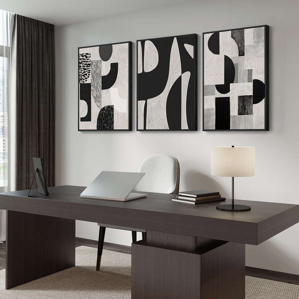 Framed Black and White Modern Abstract Wall Art, 3 Piece Canvas Prints Paintings Artwork for Walls, Minimalist Black White Grey Pictures for Living Room Dining Room Bedroom Office Wall Decor 16x24 In