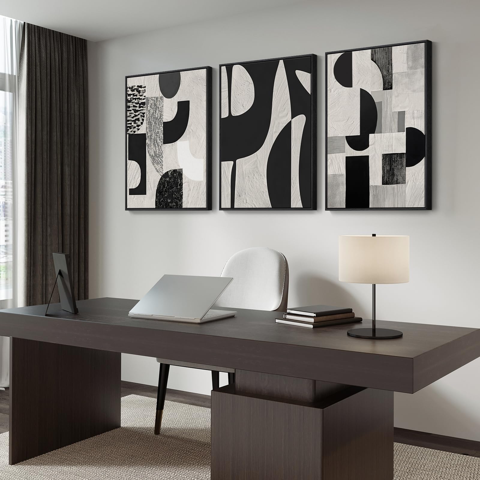 Framed Black and White Modern Abstract Wall Art, 3 Piece Canvas Prints Paintings Artwork for Walls, Minimalist Black White Grey Pictures for Living Room Dining Room Bedroom Office Wall Decor 16x24 In