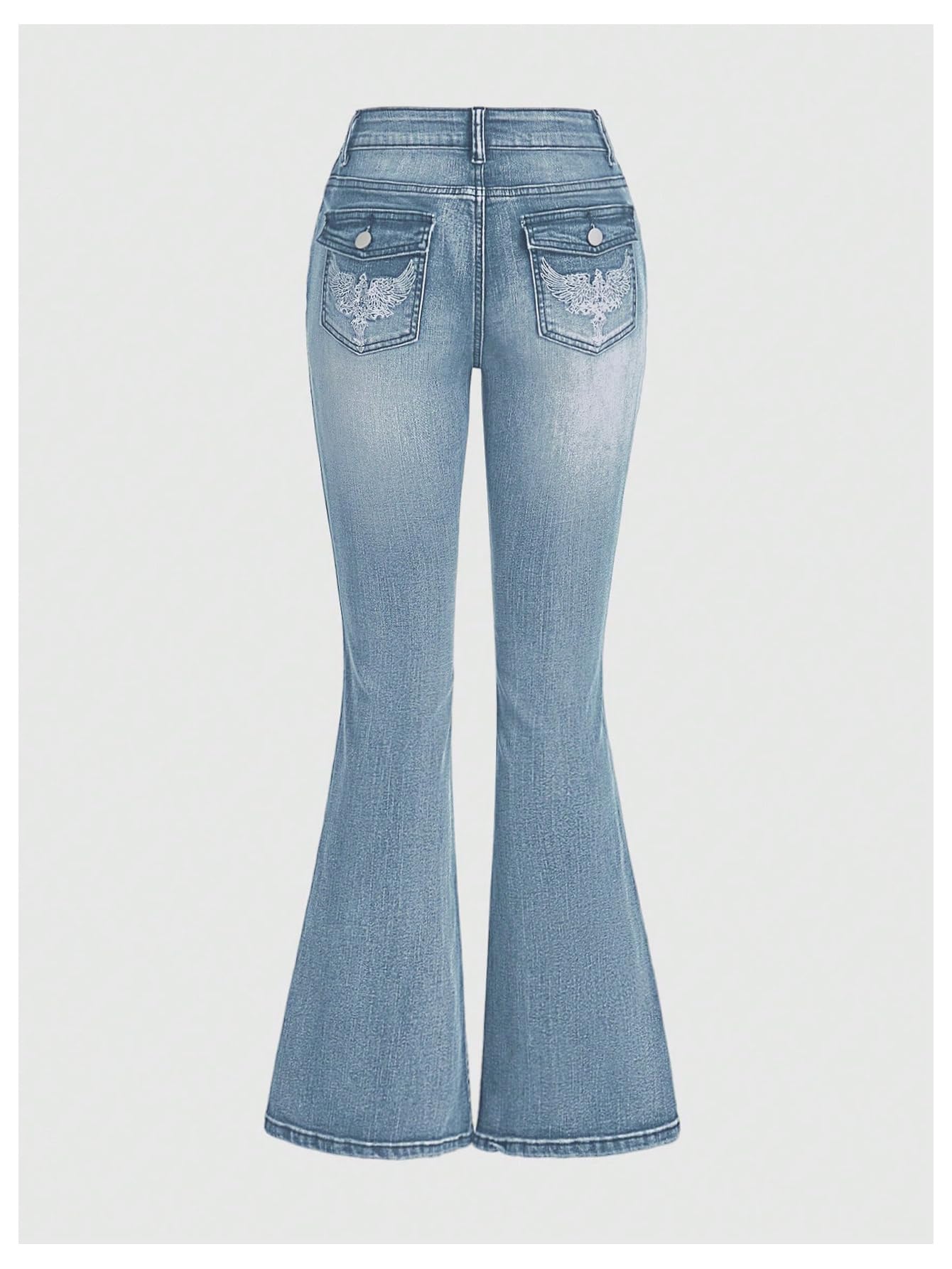 MakeMeChic Women's Bell Bottom Jeans Stretchy Flared Jeans Embroidered Y2K High Waist Denim Pants