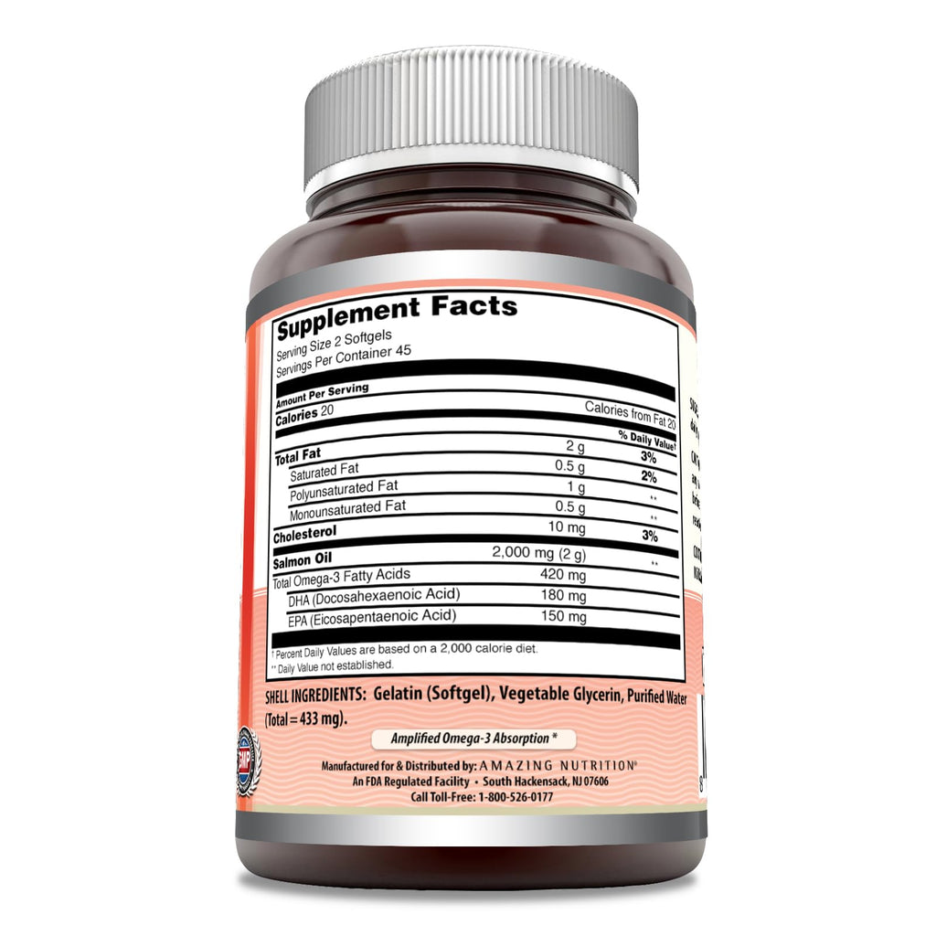 Amazing Omega Wild Alaskan Salmon Oil Supplement | 2000 Mg per Serving | 180 Softgels | Non-GMO | Gluten-Free | Made in USA