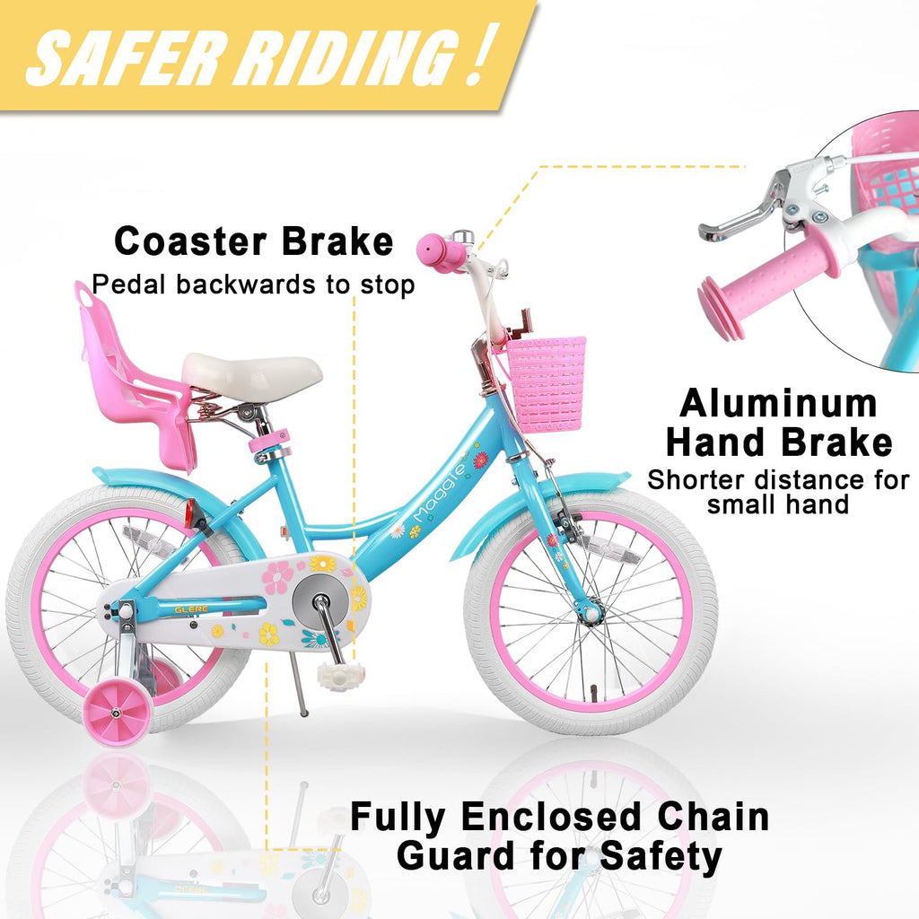 Glerc Maggie Girls Bike, 12-20 Inch Kids Bike for 2-13 Years Old Children, Princess Style Kids Bicycle with Doll-Seat & Basket & Training Wheels, Multiple Colors
