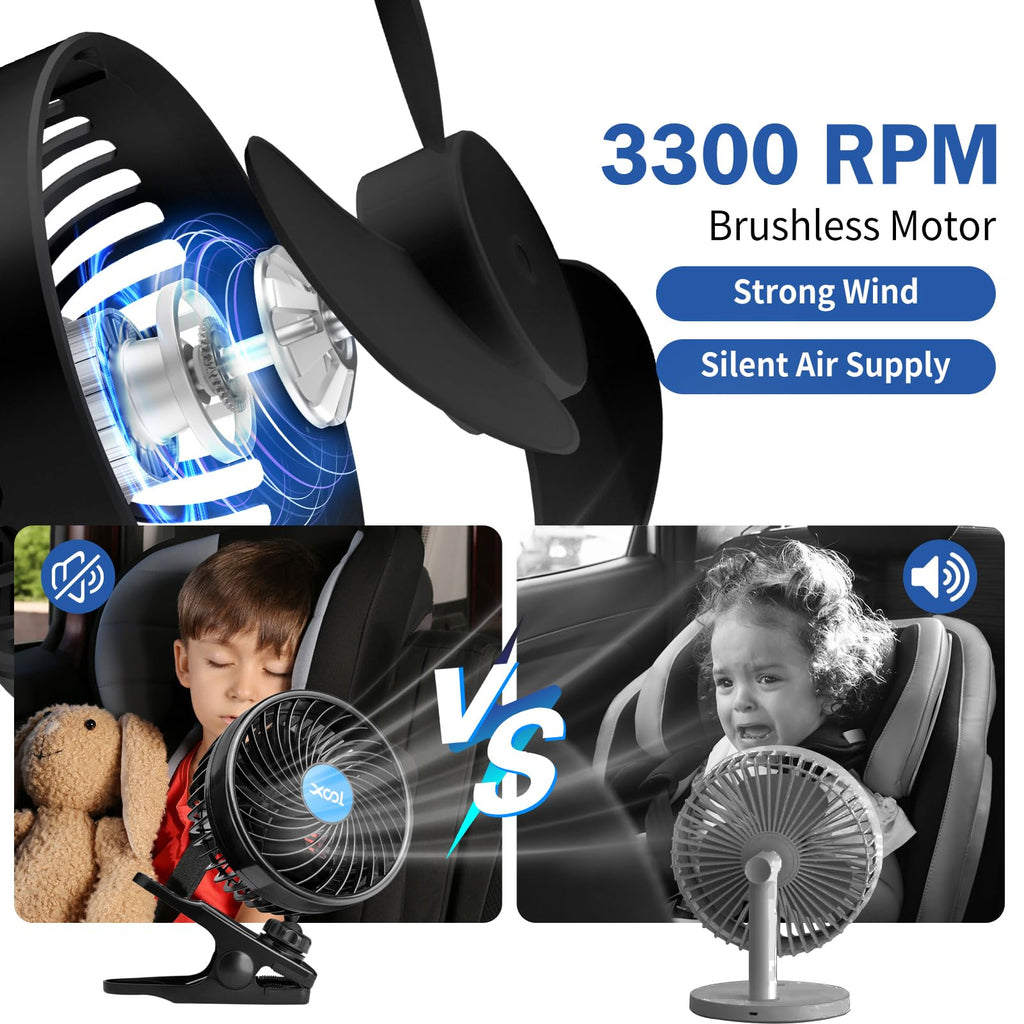 XOOL Clip Car Fan, 9 Inches 12V/24V Fan, 360° Rotatable Electric Cooling Clip on Fan with Stepless Speed Regulation for SUV, RV, Truck