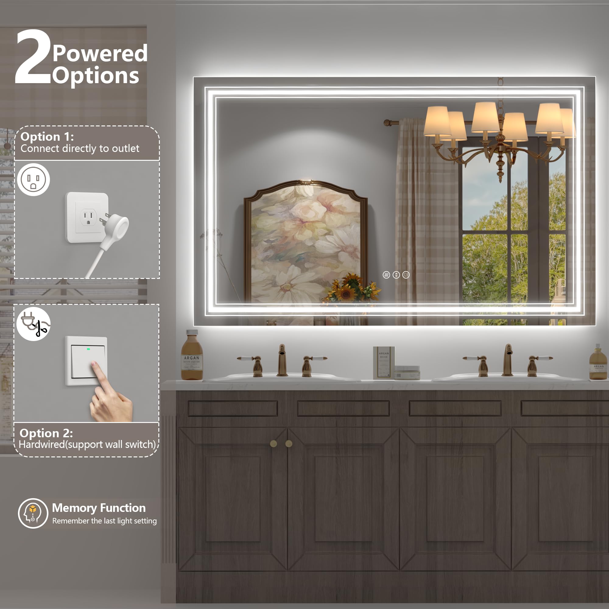 20x28 LED Bathroom Mirror, Vanity Mirror with Lights, Backlit and Front lit Mirror for Wall, Dimmable, Anti-Fog, Shatterpoof, Memory (Horizontal/Vertical)