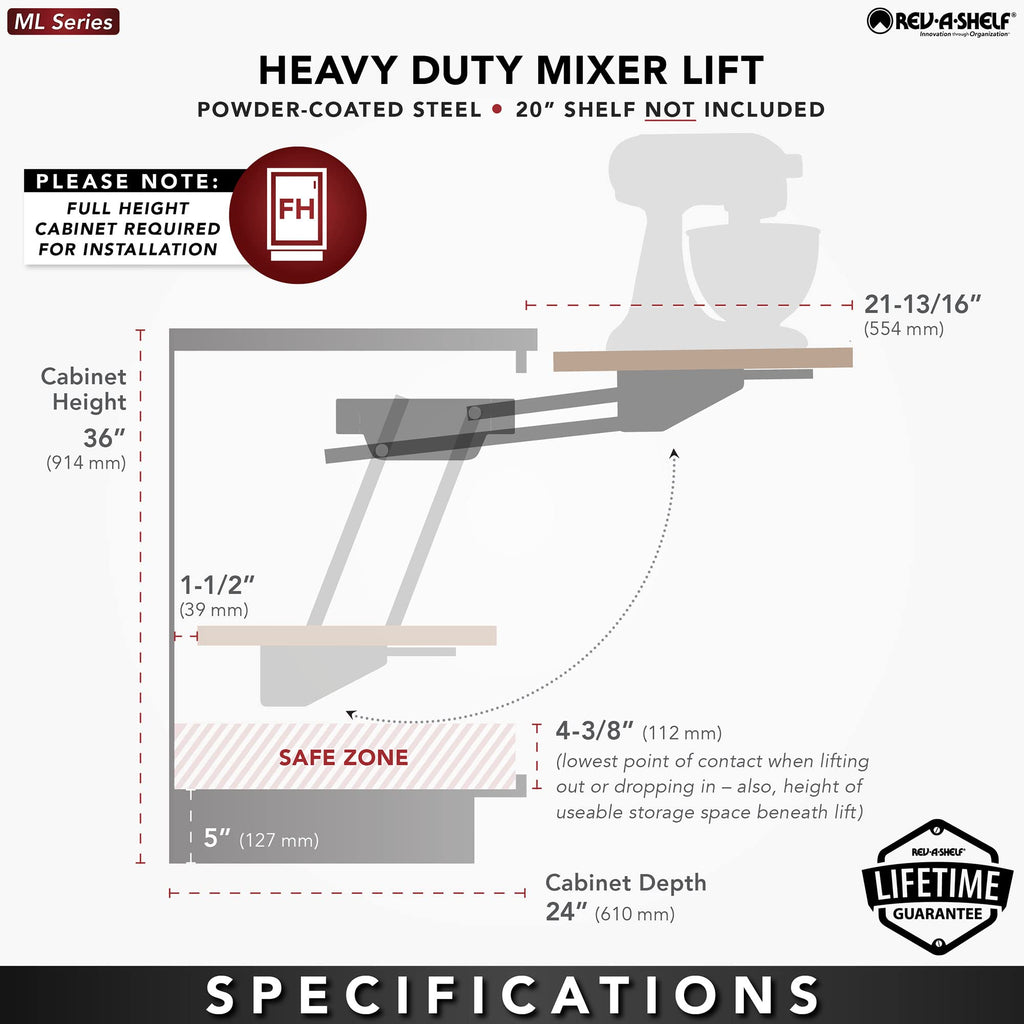 Rev-A-Shelf Heavy-Duty Stand Mixer Lift for Kitchen Base Cabinets, Zinc - Spring-Loaded Lifting System for Small Countertop Appliance Storage, Min Opening Width of 12", RAS-ML-HDCR