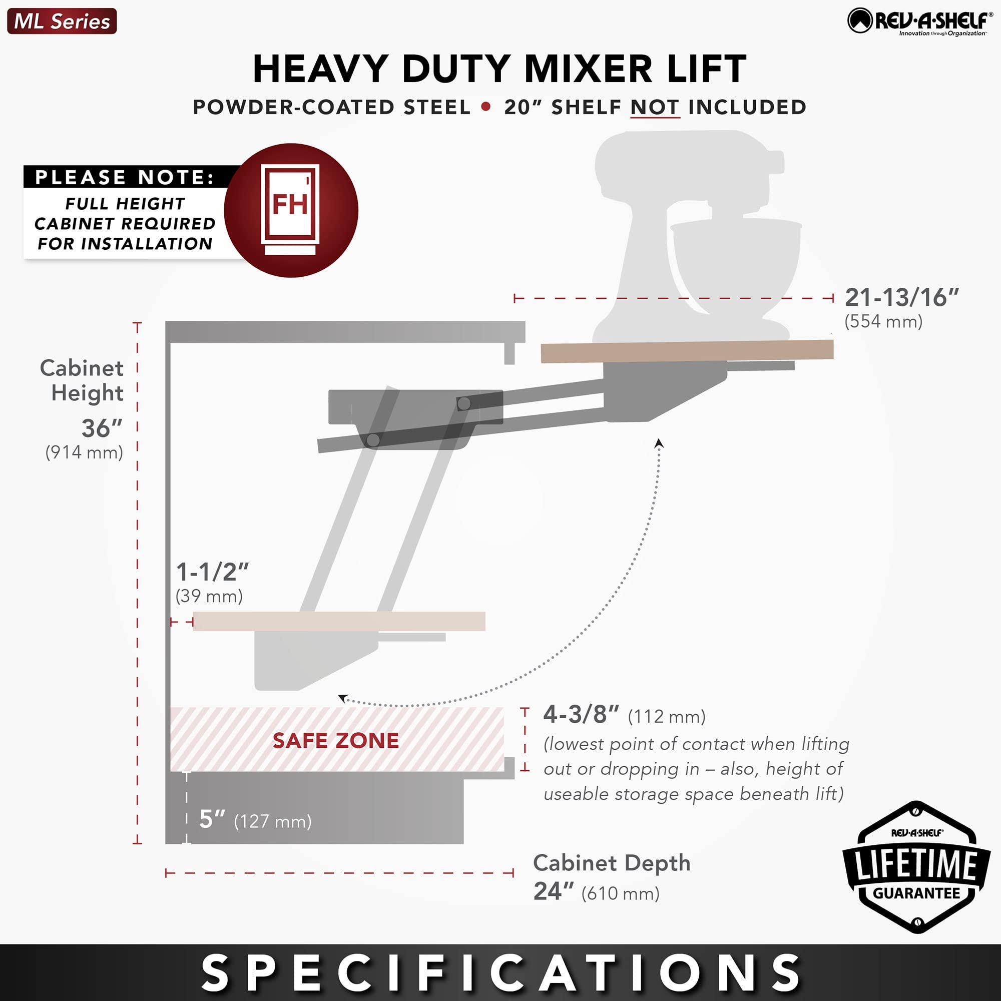 Rev-A-Shelf Heavy-Duty Stand Mixer Lift for Kitchen Base Cabinets, Zinc - Spring-Loaded Lifting System for Small Countertop Appliance Storage, Min Opening Width of 12", RAS-ML-HDCR