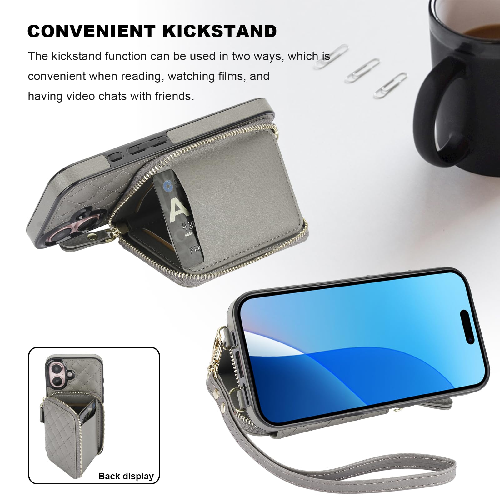 Bocasal Crossbody Wallet Case for iPhone 16, RFID Blocking PU Leather Zipper Handbag Purse Flip Cover, Kickstand Folio Case with Card Slots Holder Wrist Strap Lanyard 5G 6.1 Inch (Black)
