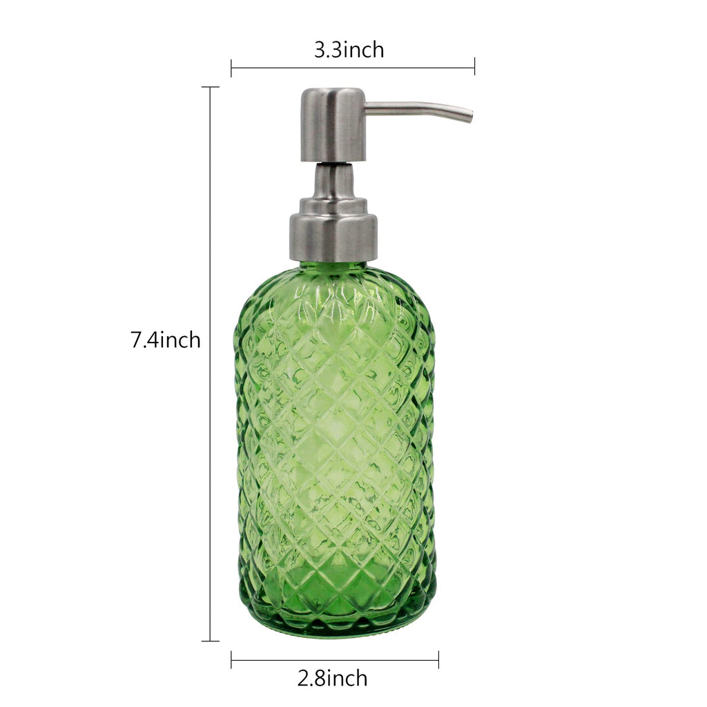 16 oz Diamond Pattern Glass Soap Dispenser, Kitchen and Bathroom Refillable Soap Dispenser with Rust Resistant Stainless Steel Pump for Hand Soap, Lotion Glass Liquid Dispenser(Amber)
