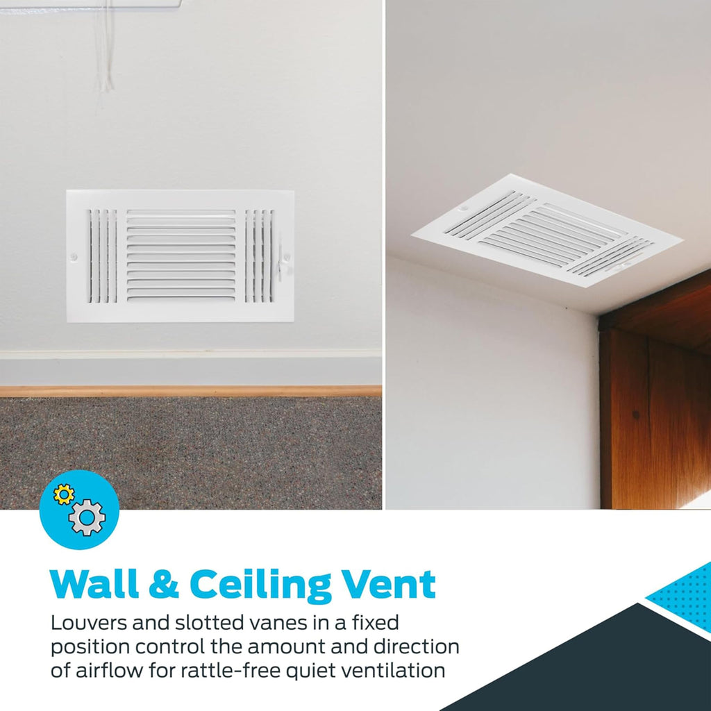 EZ-FLO 8 x 4 Inch Three-Way Ventilation Steel Sidewall/Ceiling Register, Steel Duct Opening, 61658