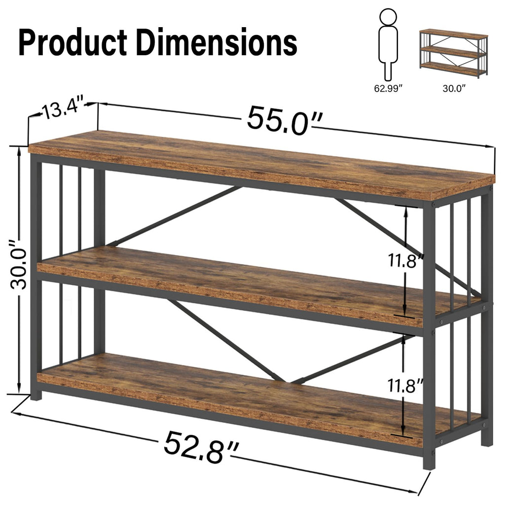 LVB Black Console Table, Modern Entryway Table for Hallway Living Room, Industrial Sofa Table Behind Couch, Farmhouse Wooden Metal Entry Table for Foyer with 3-Tier Storage Shelves, Black Oak, 55 Inch