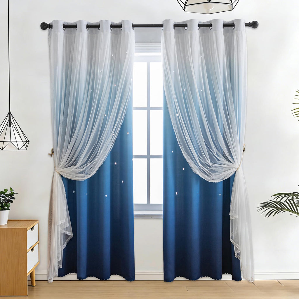 Anytime Star Cut-Out Blackout Curtains for Bedroom 2 Panels,2-Layers Mix Design of Fabric & Tulle,Pretty Pure Color Window Curtain for Kids Room(W35 x L45,LPink)