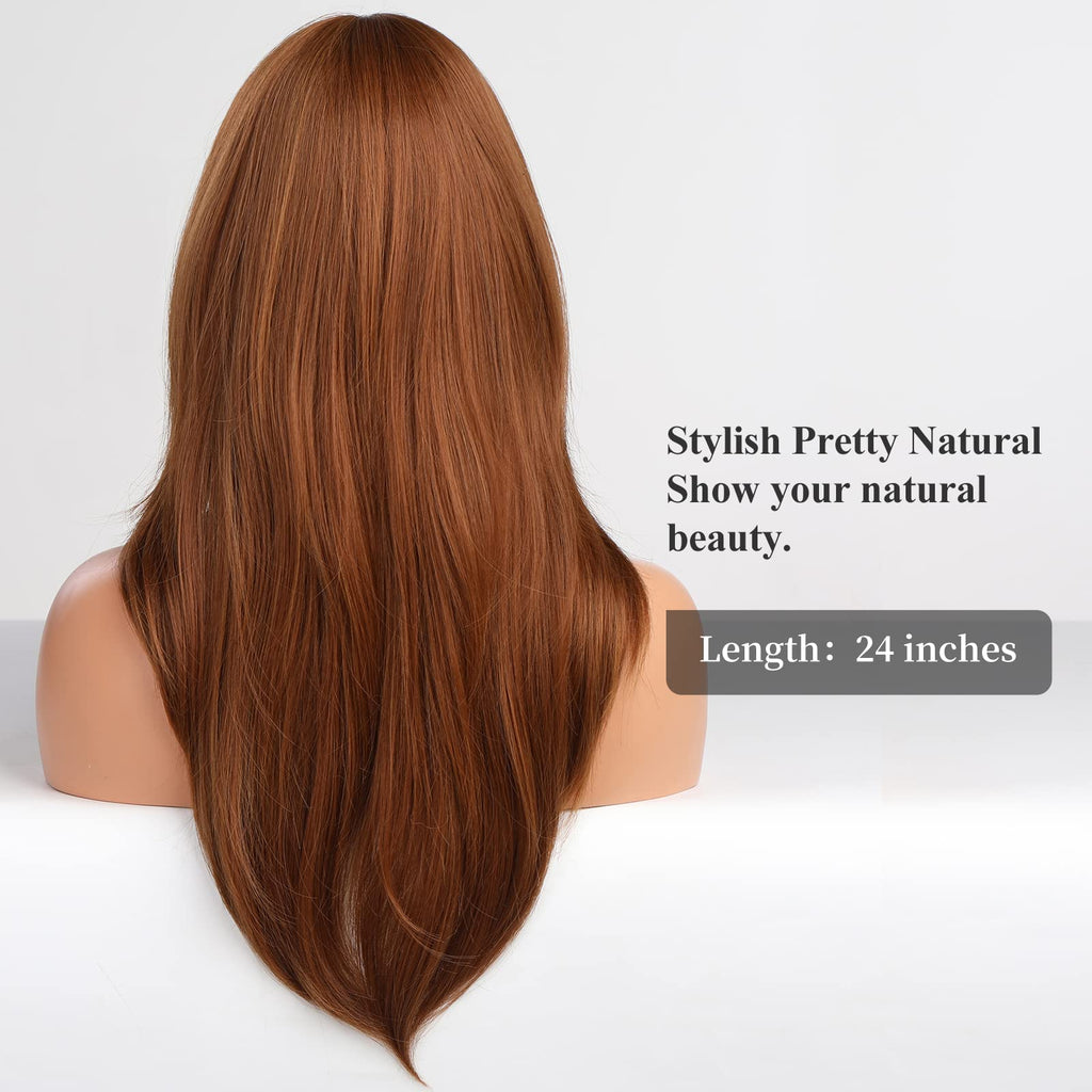 HAIRCUBE Auburn Wigs for Women,Long Layered Orange Wigs with Bangs Heat Resistant Synthetic Fibre Wigs(pelucas de cabello natural)
