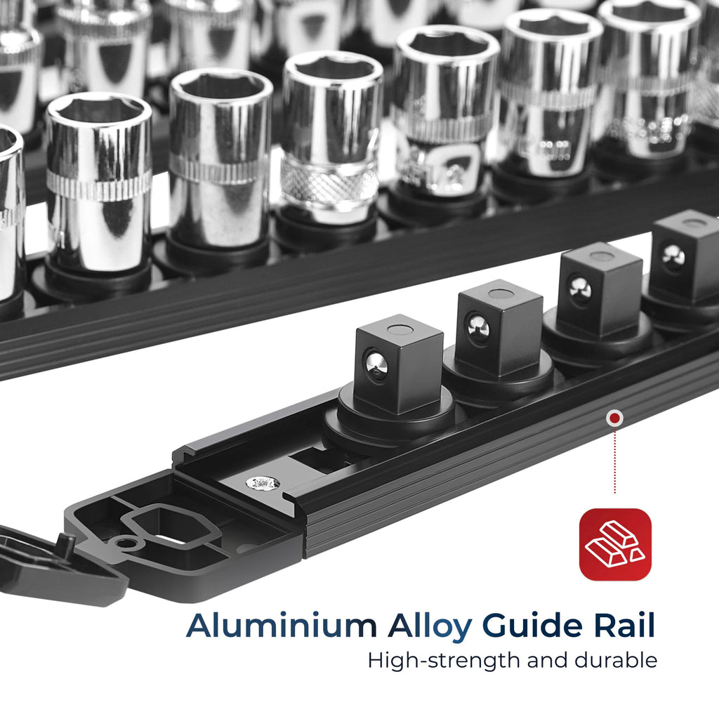 Reniteco Magnetic Socket Organizer Set, 3-Piece 1/2" 3/8" 1/4" Drive Aluminum Alloy Socket Holder with 40PC 360° Swivel Removable Clips, Magnetic Socket Rail for Tool Box Drawer, Black