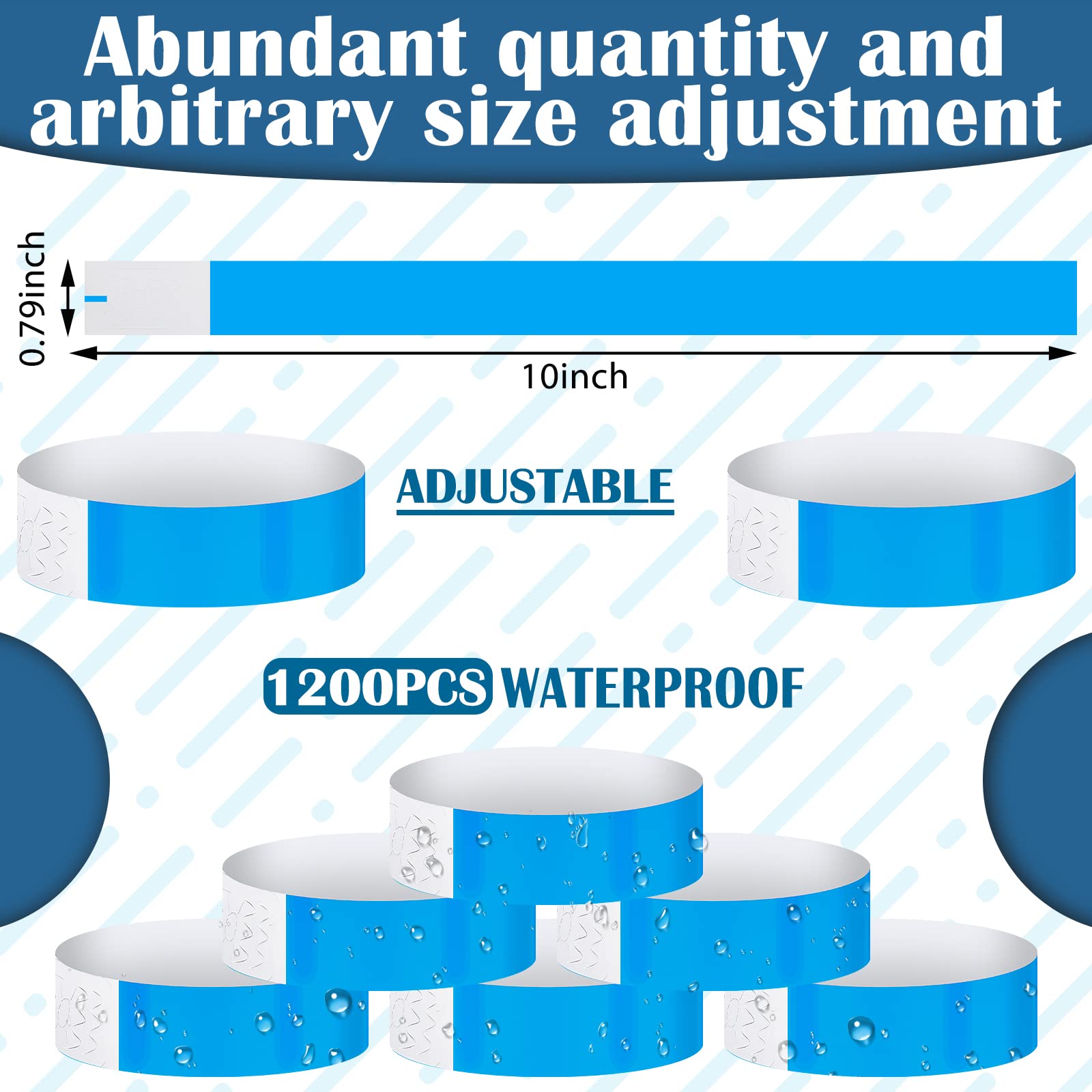 Tudomro 1200 Pack Plastic Paper Wristbands for Events Neon Party Wrist Bands Colored Waterproof Concert Identification Hand Bands Lightweight Adhesive Wristband(Blue)