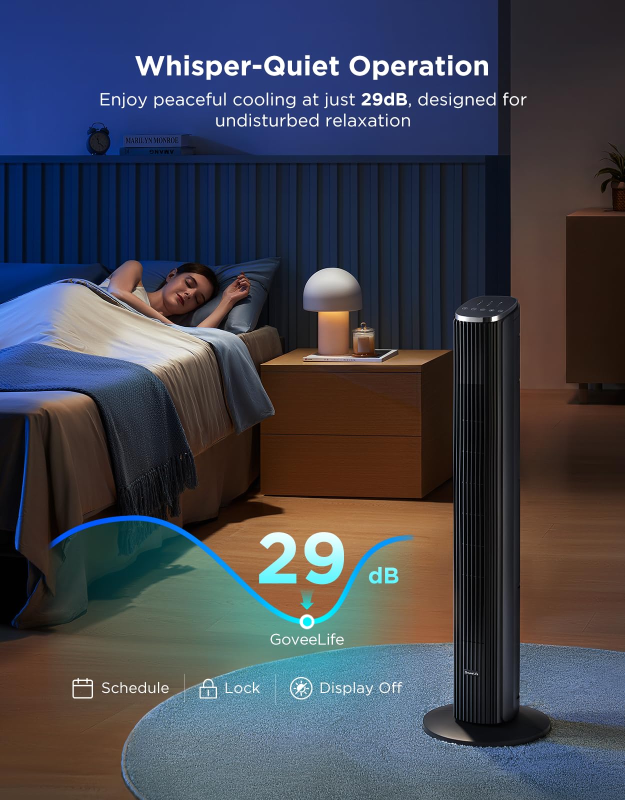 GoveeLife White Tower Fan for Bedroom, 36" Smart Floor Fan with App/Voice Control, Temperature Sensor, 5 Modes 8 Speeds(25ft/s), 29dB Quiet Oscillating Fan for Office, 24H Timer, Auto Cooling