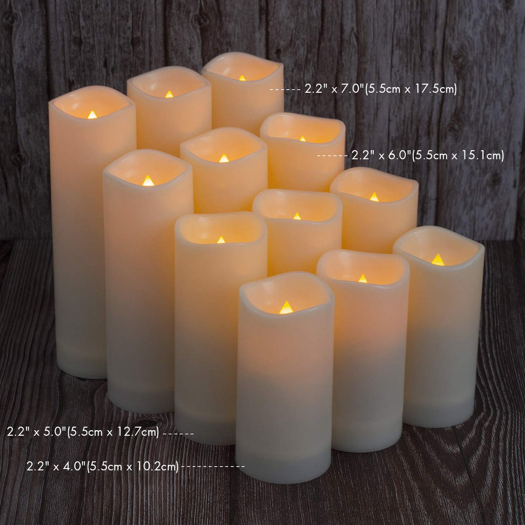 Aignis 12-Pack Waterproof Flameless Candles, 2.2" Slim Plastic Battery Operated LED Pillar Candles with 2 Remotes & Timers, Melt-Proof Fake Electric Candles for Outdoor Patio, Wedding, Home Decor