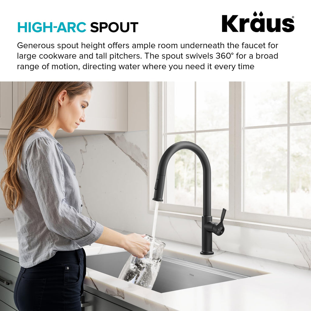 KRAUS Torak Pull Down Kitchen Faucet in Matte Black with Commercial Style Spring Spout, 2 Function Sprayer, Pre-Attached Water Lines, and Mounting Hardware, KPF-2635MB