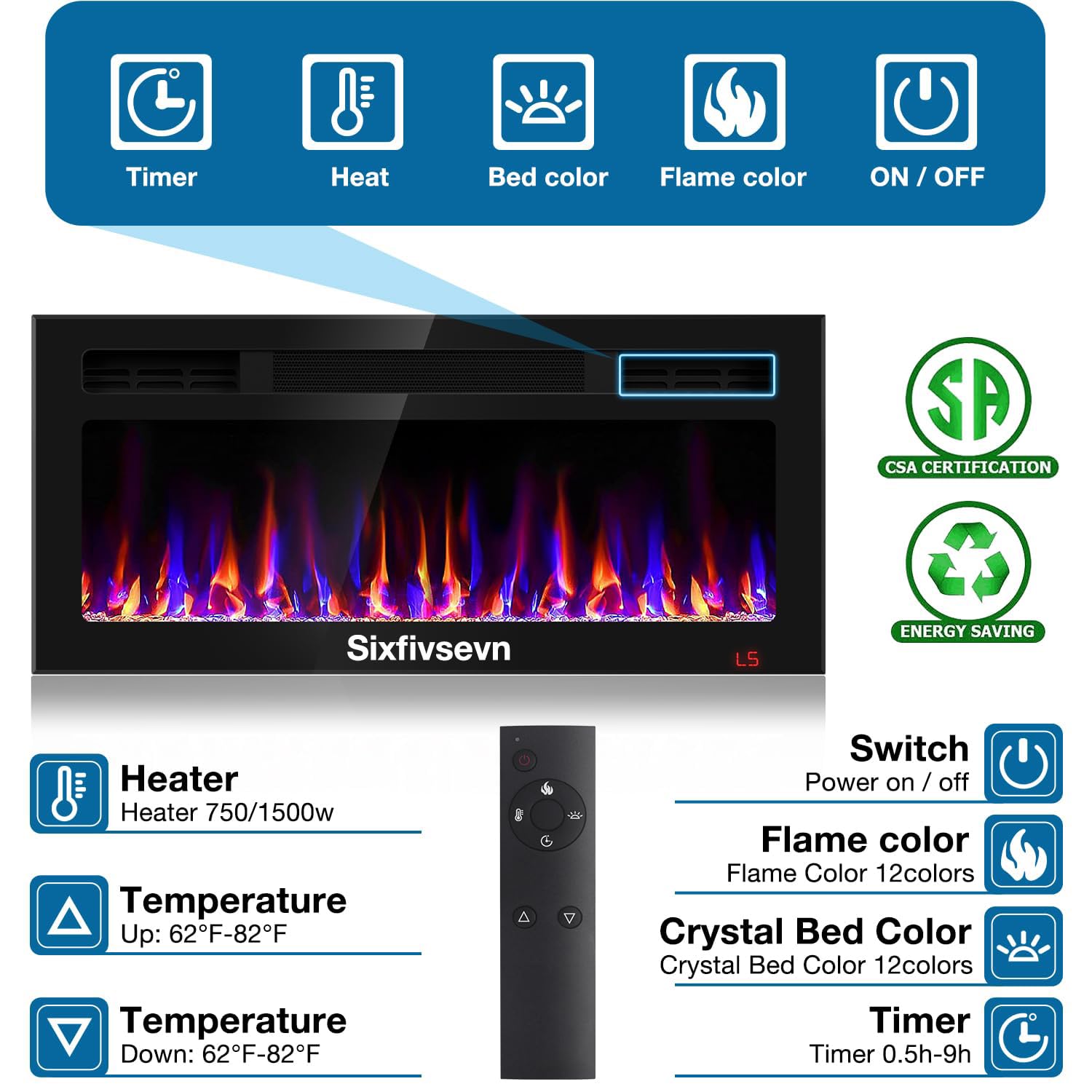 31 Inch Electric Fireplace Recessed and Wall Mounted, Fireplace Heater and Linear Fireplace, Ultra-Thin Electric Fireplace, Low Noise, with Timer, Remote Control, Adjustable 12 Flame Color, 750/1500W