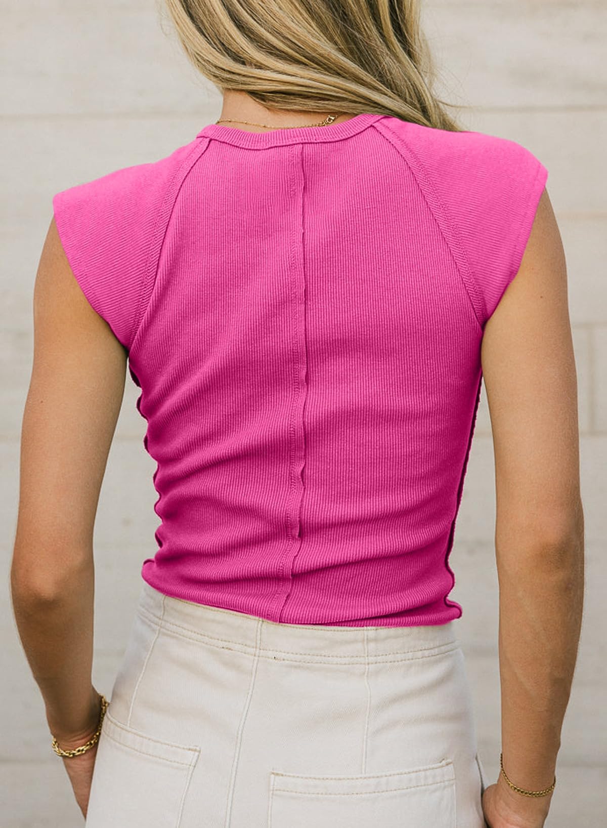 Sidefeel Womens Tops Casual Crewneck Cap Sleeve Tops Ribbed Raw Hem Summer T Shirts Slim Fit Basic Tees Blouses