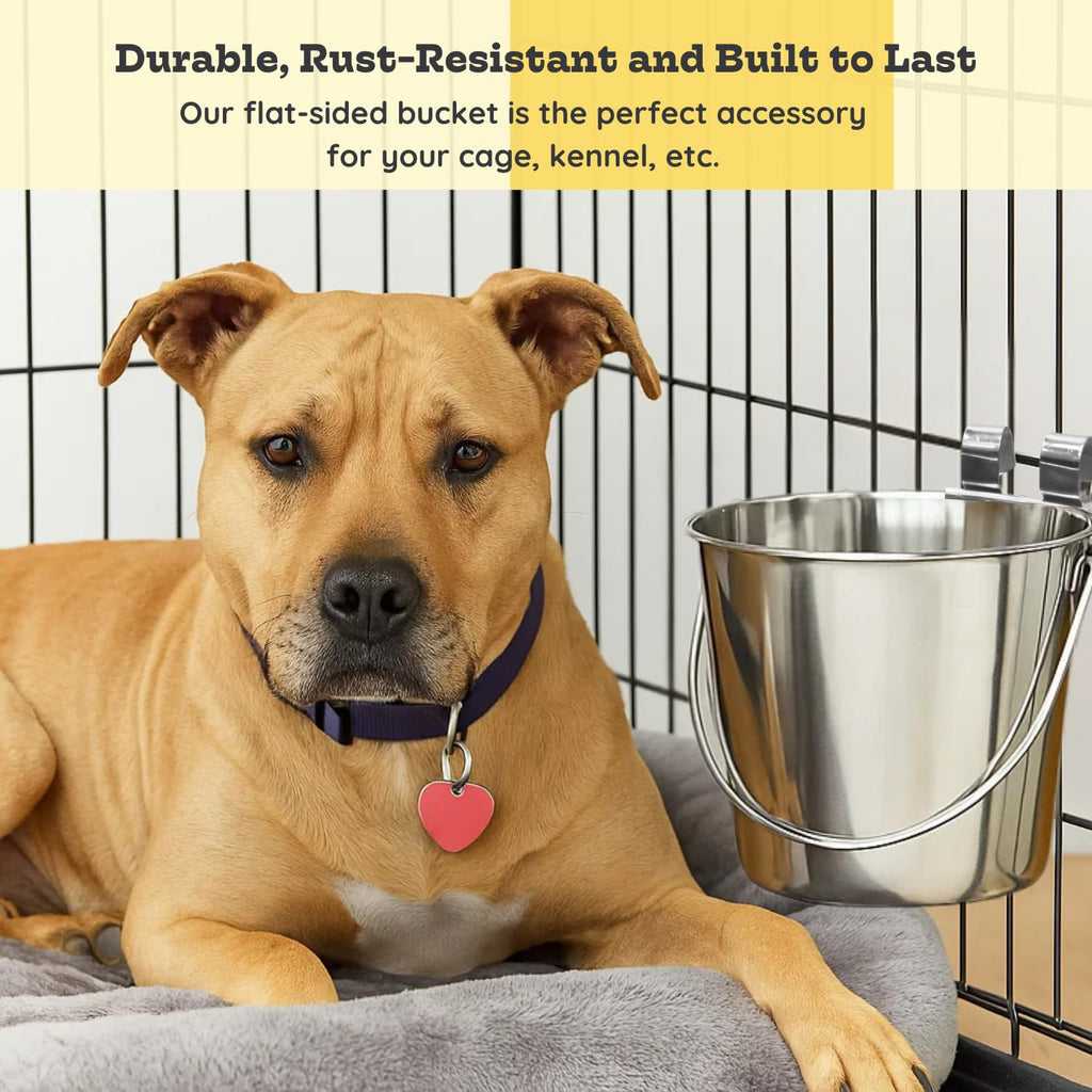 1 quart Stainless Steel Flat Sided Bucket with Dual Hooks | 0.25 gal Durable Food & Water Bowl for Dog Cat Bird & Small Animals | Fits kennel Cage Critter Crate | Hanging Utility Pet Pail