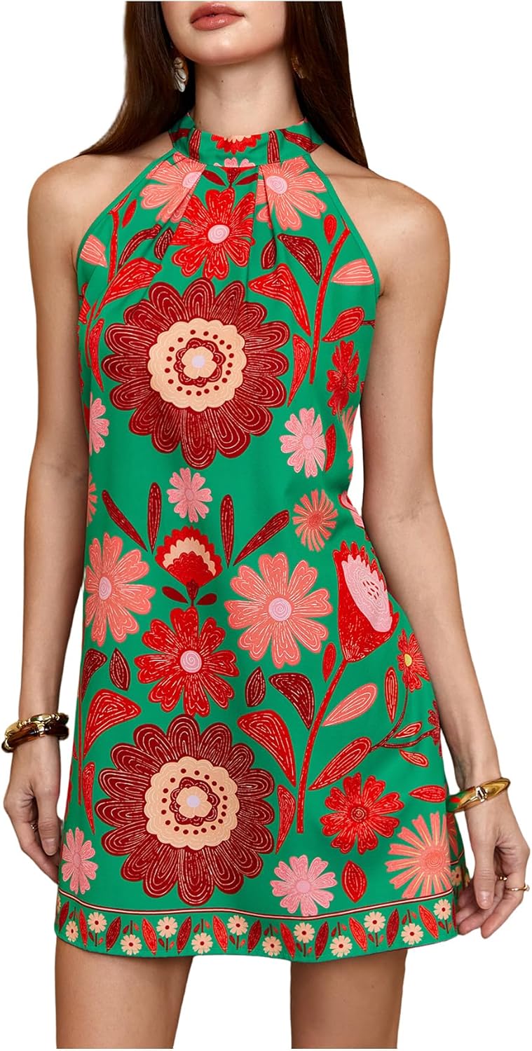 Floerns Women's Sleeveless Floral Print Sundress Halter Neck A Line Short Dress