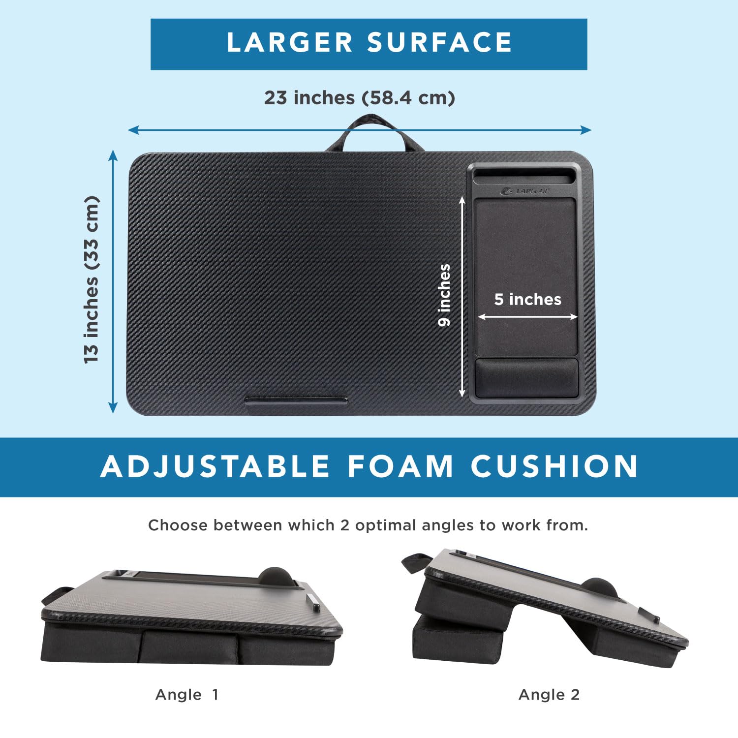 LAPGEAR Extra Large Adjustable Lap Desk – Fits Laptops up to 17.3”, Adjustable Cushion, Memory Foam Wrist Rest, Mouse Pad, Device Ledge, & Phone Slot – Black Carbon - Style No. 88108