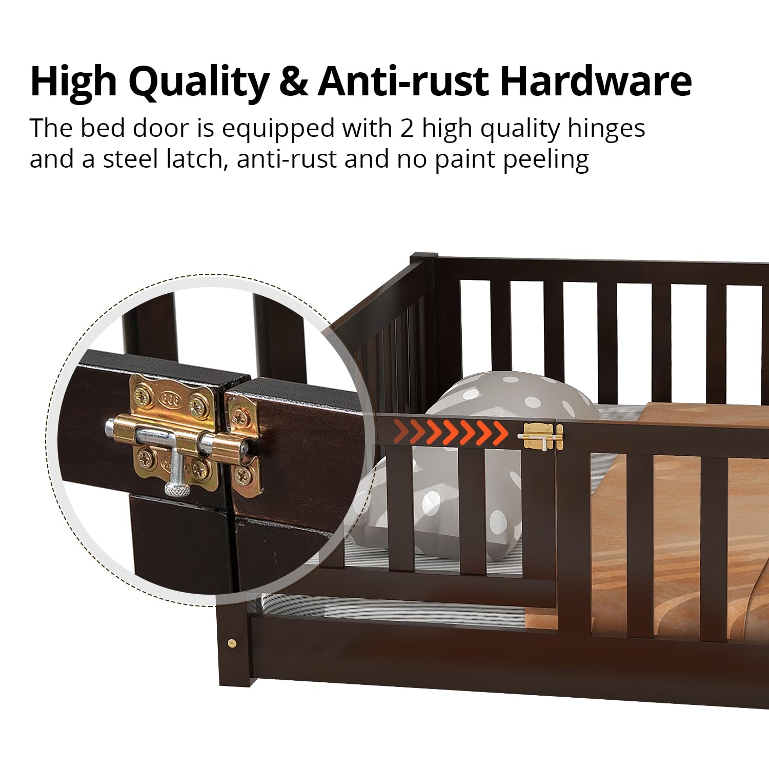 i-POOK Queen Floor Bed for Children, Sturdy Wood Montessori Bed Frame with Wood Slats, High Fence & Small Door for Girls and Boys, Espresso (with Bed Slats)