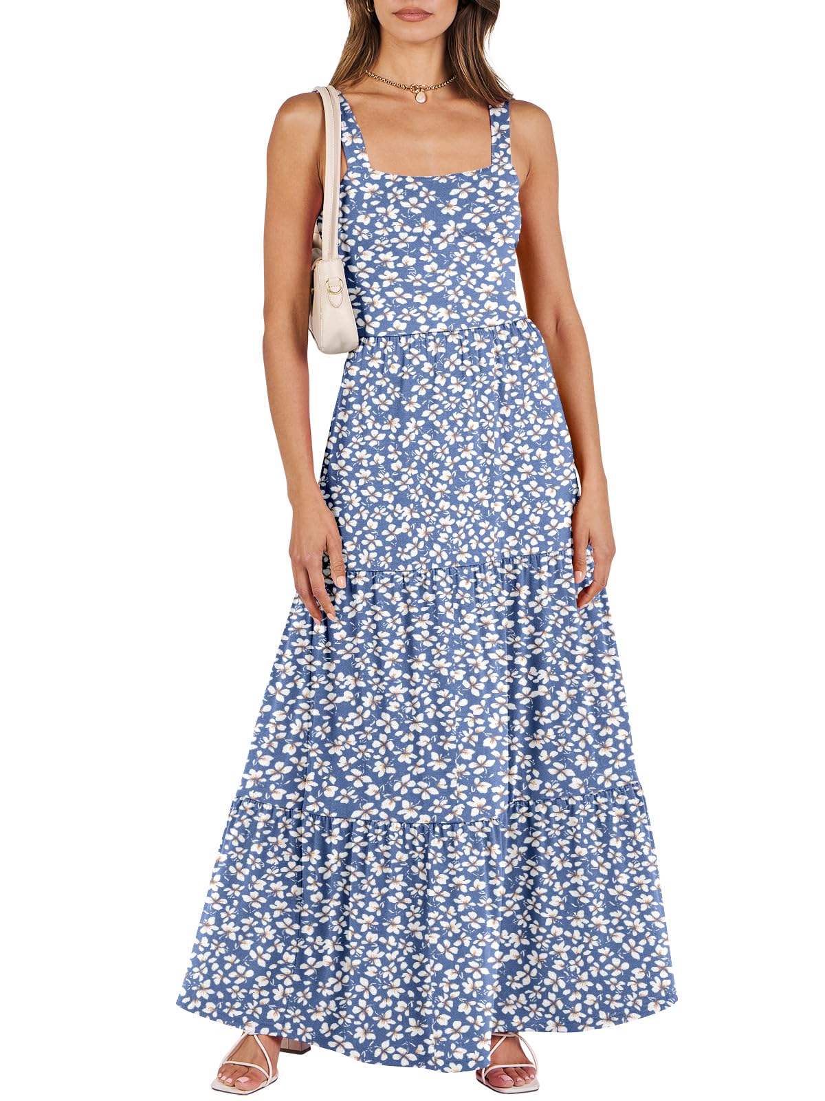 ANRABESS Women's Summer Casual Long Maxi Beach Vacation Dresses Sleeveless Square Neck Flowy Tiered Sun Dress with Pockets