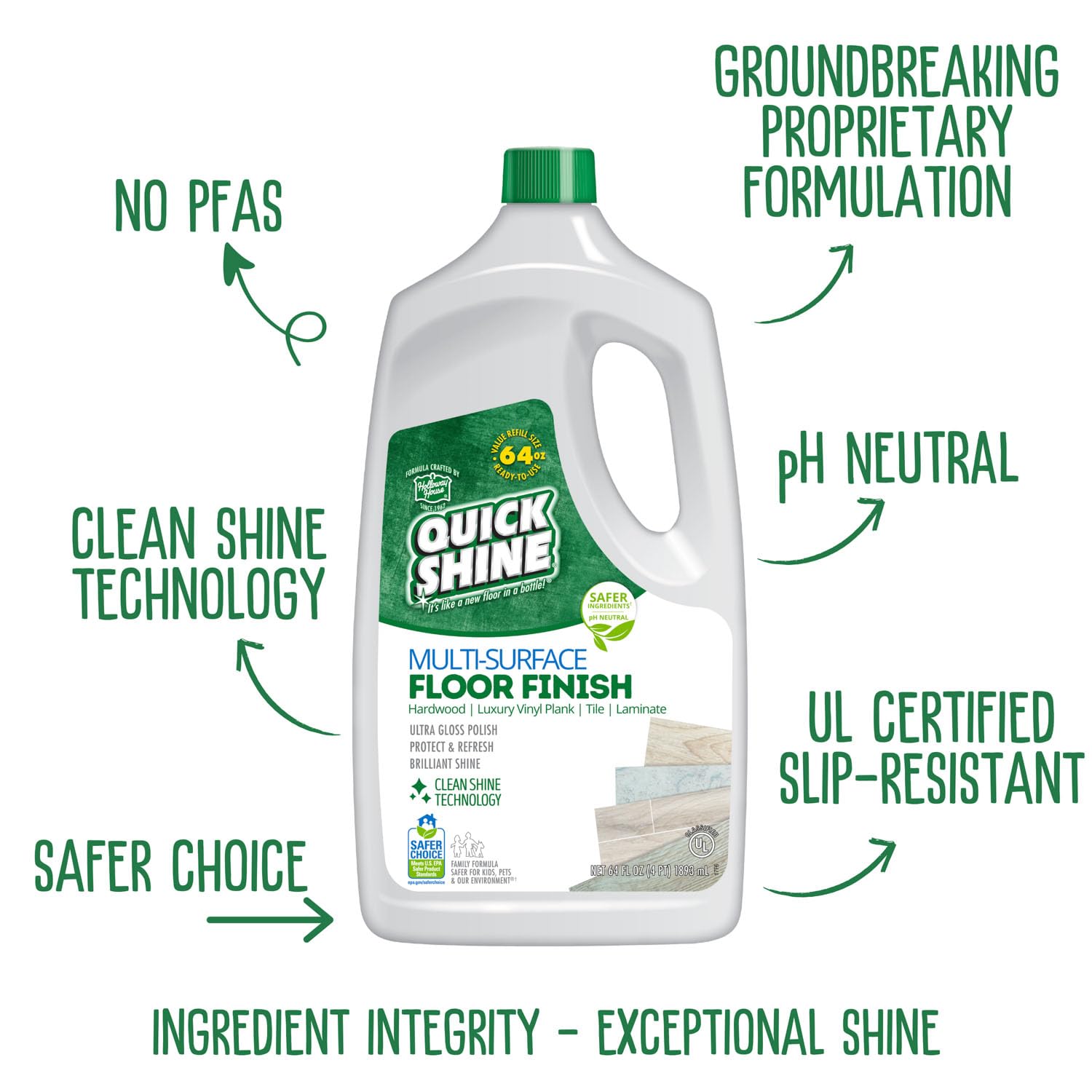 Quick Shine Multi-Surface Floor Finish-Polish 27oz-2pk | Safer Choice, No PFAS, pH Neutral Clean Shine Technology | Squirt & Spread | For Wood, Laminate, LVP, LVT, Tile & Stone | Made in USA