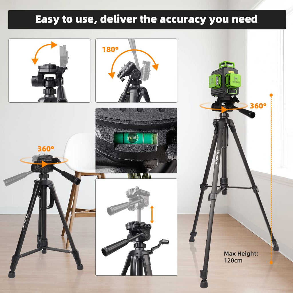 Huepar B03CG Professional 3D Laser Level 360° Self Leveling with 50" Tripod, 3x360 Niveau Laser Tool, 3 Plane Cross Line Lazer Leveler Green Beam, Type-C Charging Port Included