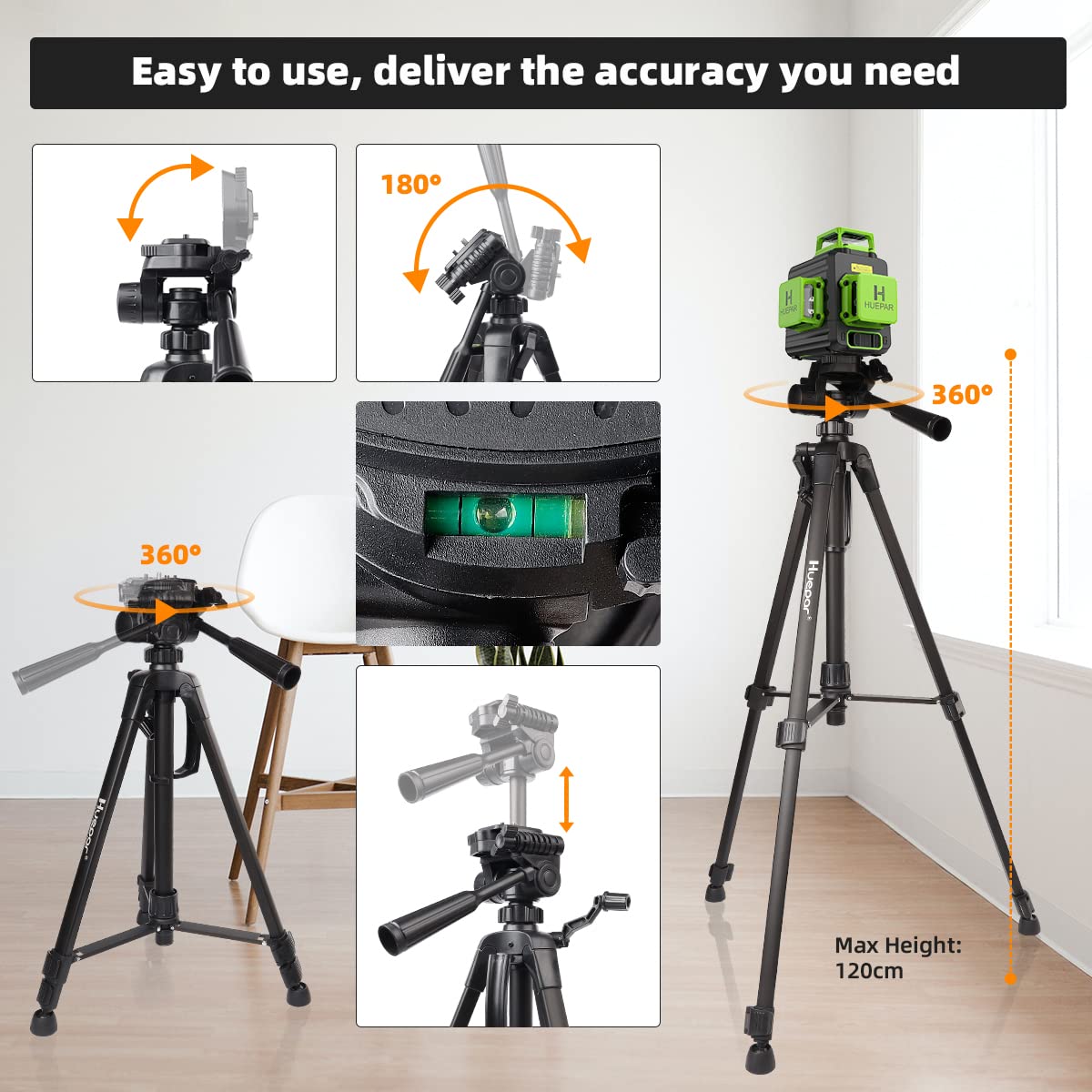 Huepar B03CG Professional 3D Laser Level 360° Self Leveling with 50" Tripod, 3x360 Niveau Laser Tool, 3 Plane Cross Line Lazer Leveler Green Beam, Type-C Charging Port Included