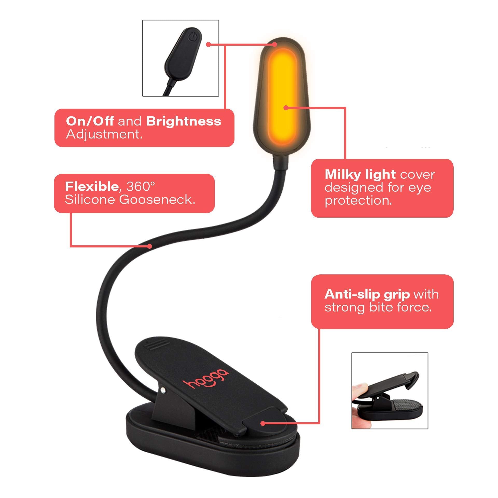 hooga Red Book Light, Rechargeable Clip On 625nm LED Light for Reading in Bed. No Blue Light Emitted, Eye Care Light for Strain-Free, Healthy Eyes. Gift for Students, Kids, Travel, Nursing, Studying.