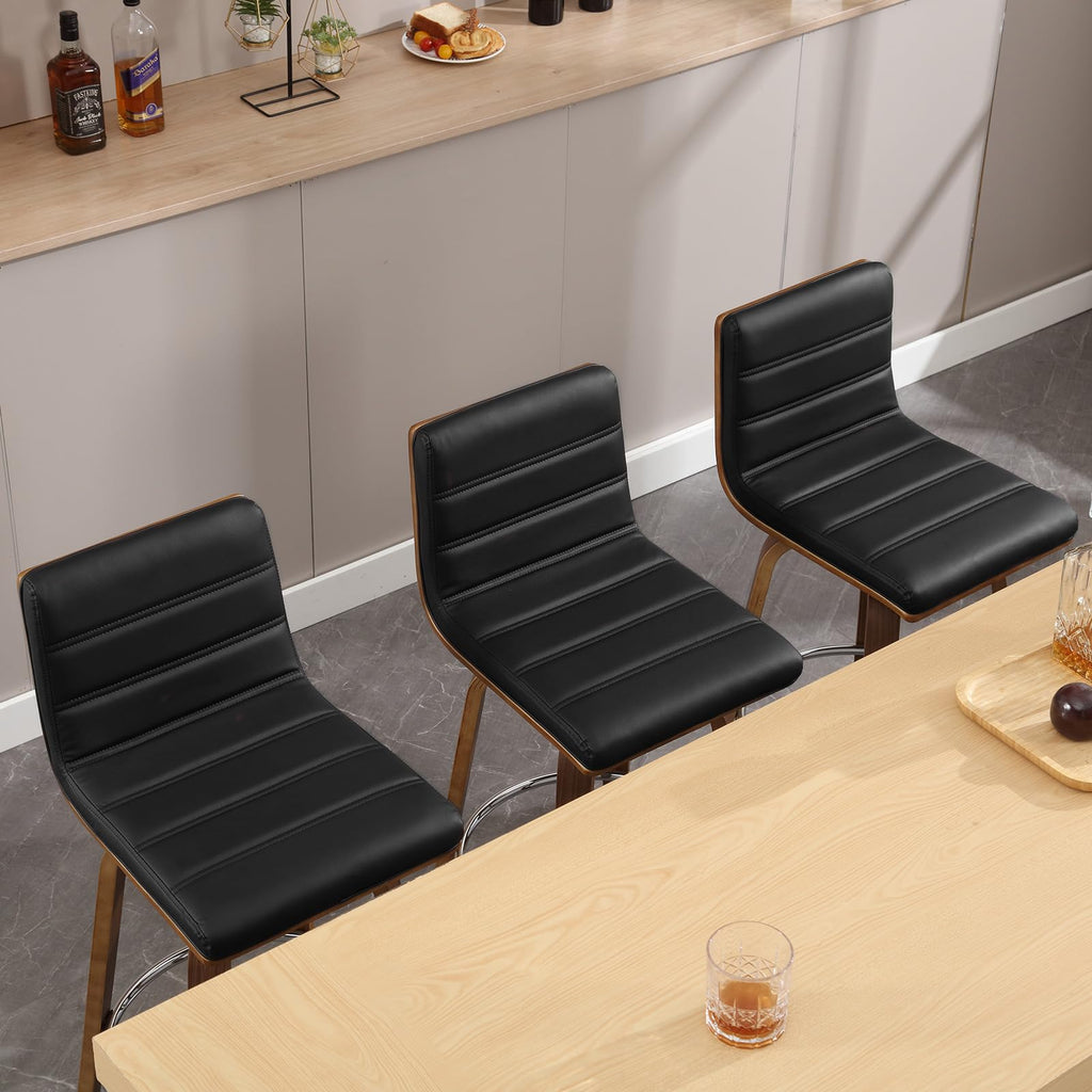 Bar Stools 29 Inch Bar Height, Swivel Bar Stools with Backs Upholstered PU Leather Barstool, L Shape Back and Padded Seat, Mid-Century Modern Bar Stool Pub Chairs for Kitchen Counter Island, Black