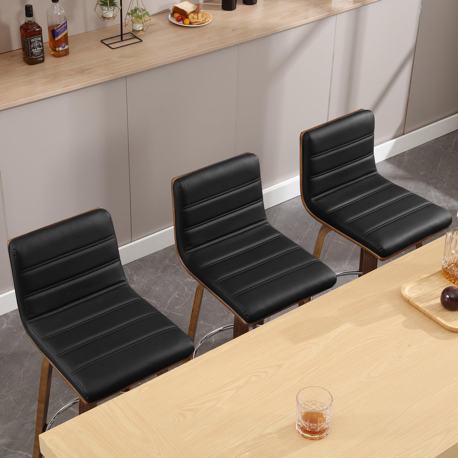 Bar Stools 29 Inch Bar Height, Swivel Bar Stools with Backs Upholstered PU Leather Barstool, L Shape Back and Padded Seat, Mid-Century Modern Bar Stool Pub Chairs for Kitchen Counter Island, Black