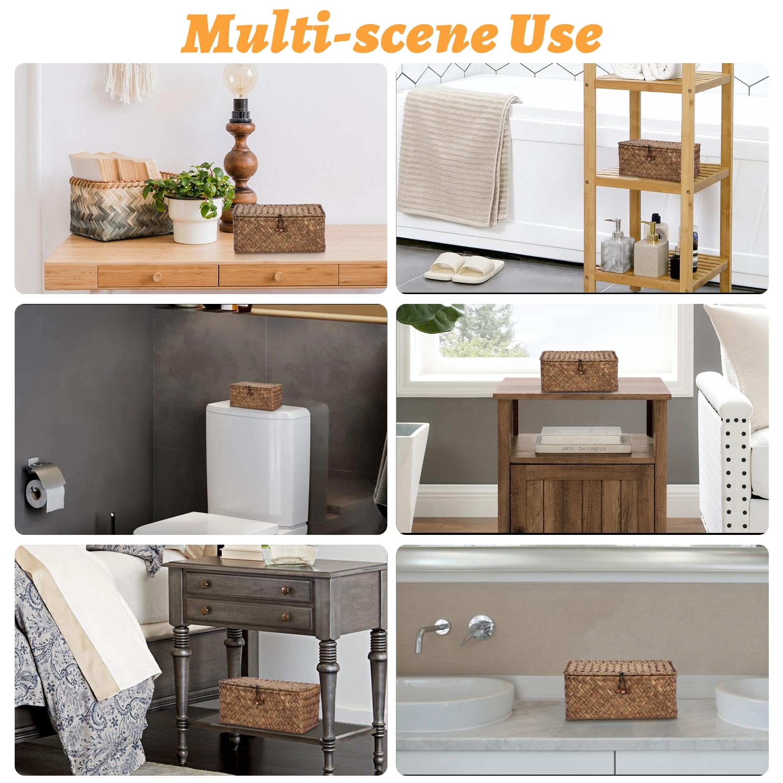 Sumnacon Wicker Basket with Lid Rectangle Woven Baskets for Toiletries Tampon Storage,Wicker Storage Basket with Lid,Decorative Seagrass Storage Baskets for Shelf Bathroom Toilet Table, Caramel