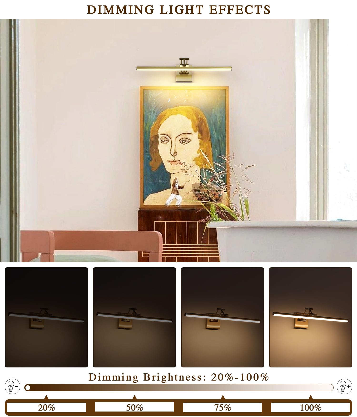 Joossnwell LED Picture Lights for Paintings Dimmable 15.5 Inch Long Hard-Wired Picture Frame Lights Brass Gallery Wall Light with Adjustable Swing Arm Art Display Lamps 7W 3000K Warm White