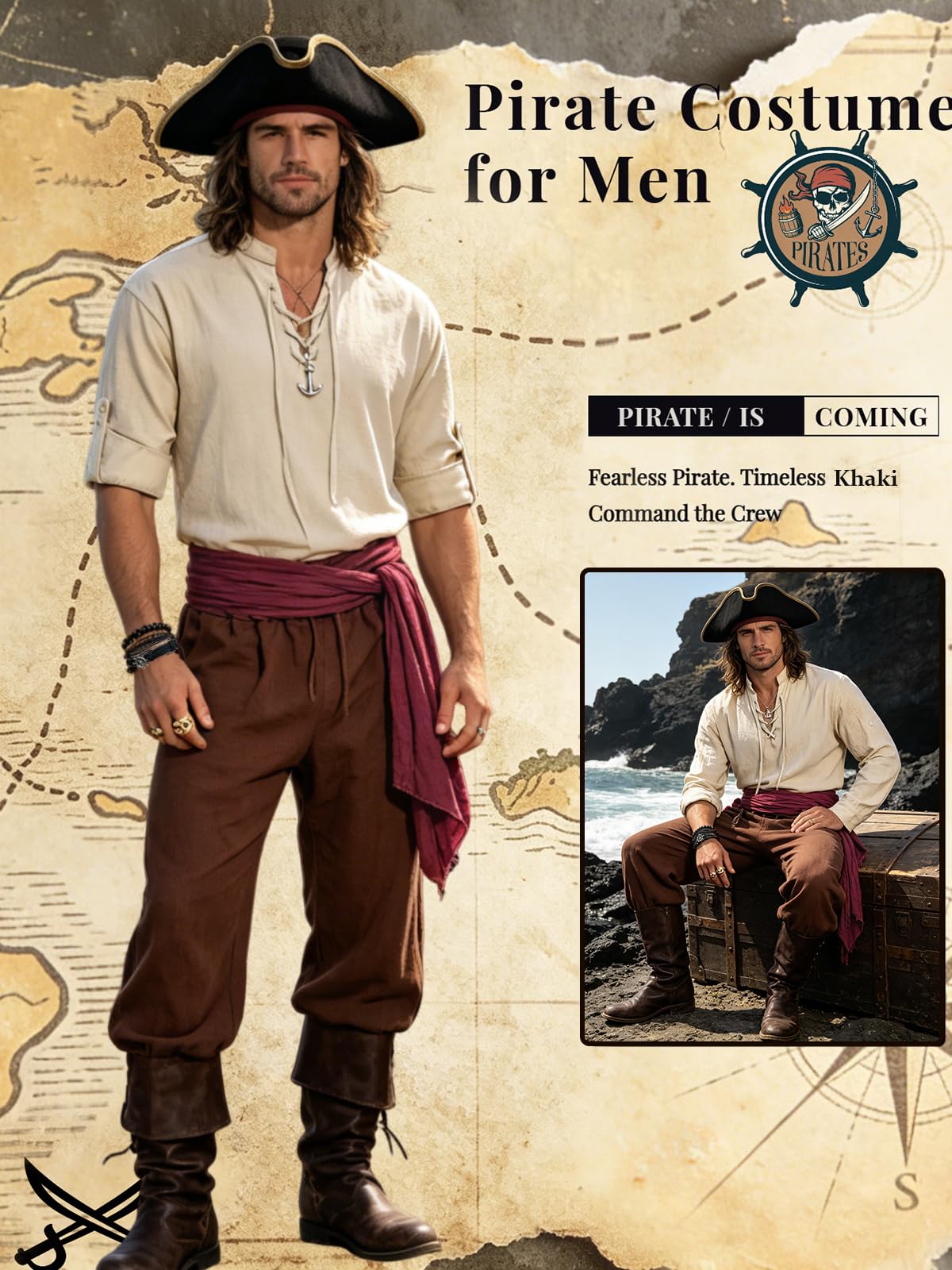 Verceco Mens Pirate Costume Outfit Renaissance Costume Men Medieval Outfit With Pirate Pants Shirts Sash Accessories (Black, Medium)