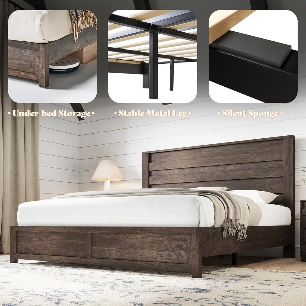 AMERLIFE Farmhouse Full Size Bed Frame with 49" Fluted Headboard, Wood Platform Bed with Natural Grain, No Box Spring Needed/Noise Free, Black