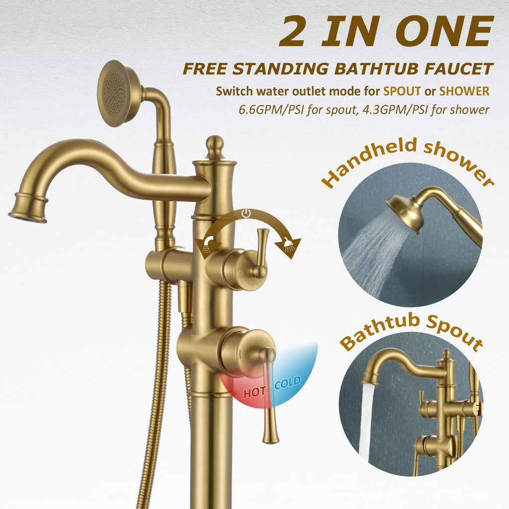 Freestanding Floor Mount Tub Filler with Handheld Shower Roman Bathtub Faucet by Brushed Gold Finish, Swivel Spout with Brass Rough-in and Water Hose