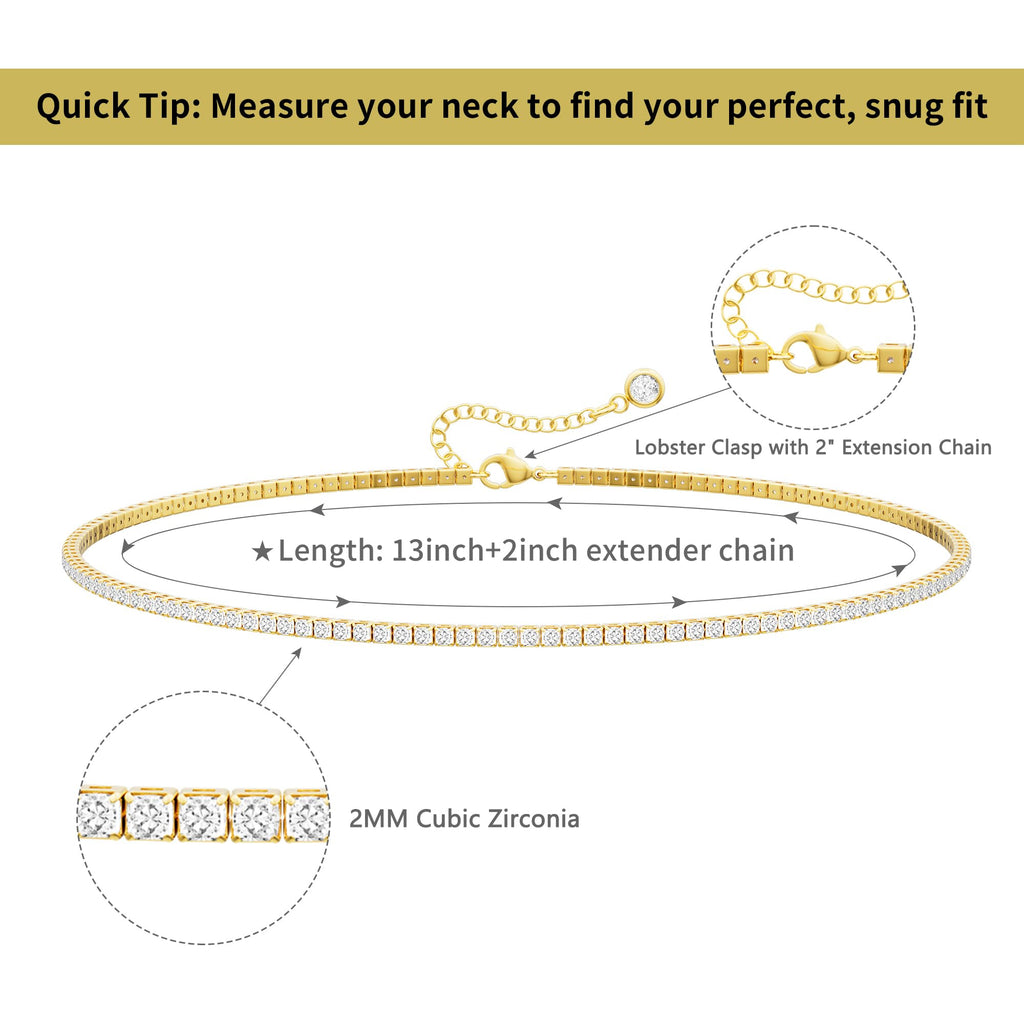 Robaice Tennis Necklace for Women, 14K Gold/Silver Plated Rhinestone Choker Necklace for Women, Dainty Cubic Zirconia Cut Faux Diamond Chain