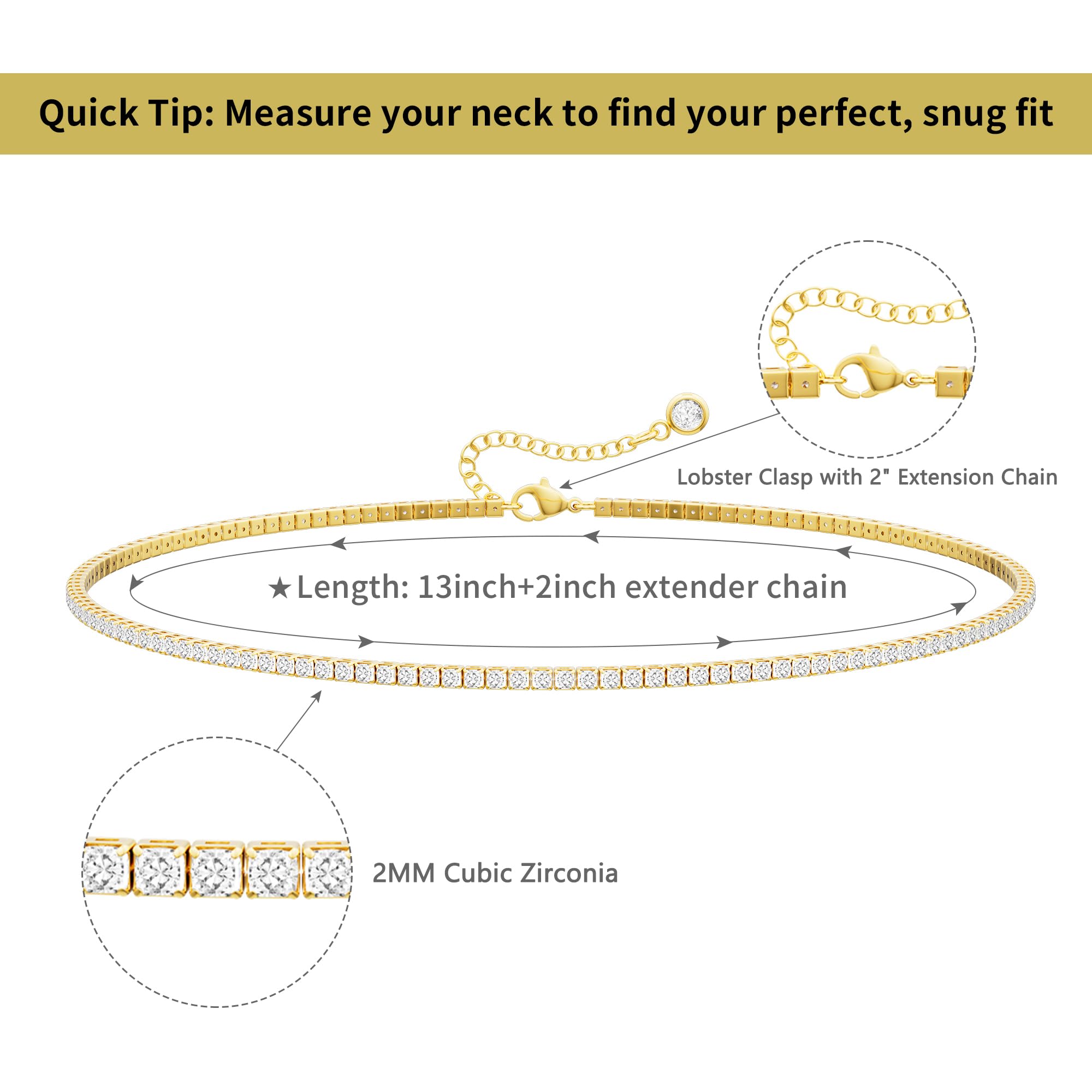 Robaice Tennis Necklace for Women, 14K Gold/Silver Plated Rhinestone Choker Necklace for Women, Dainty Cubic Zirconia Cut Faux Diamond Chain