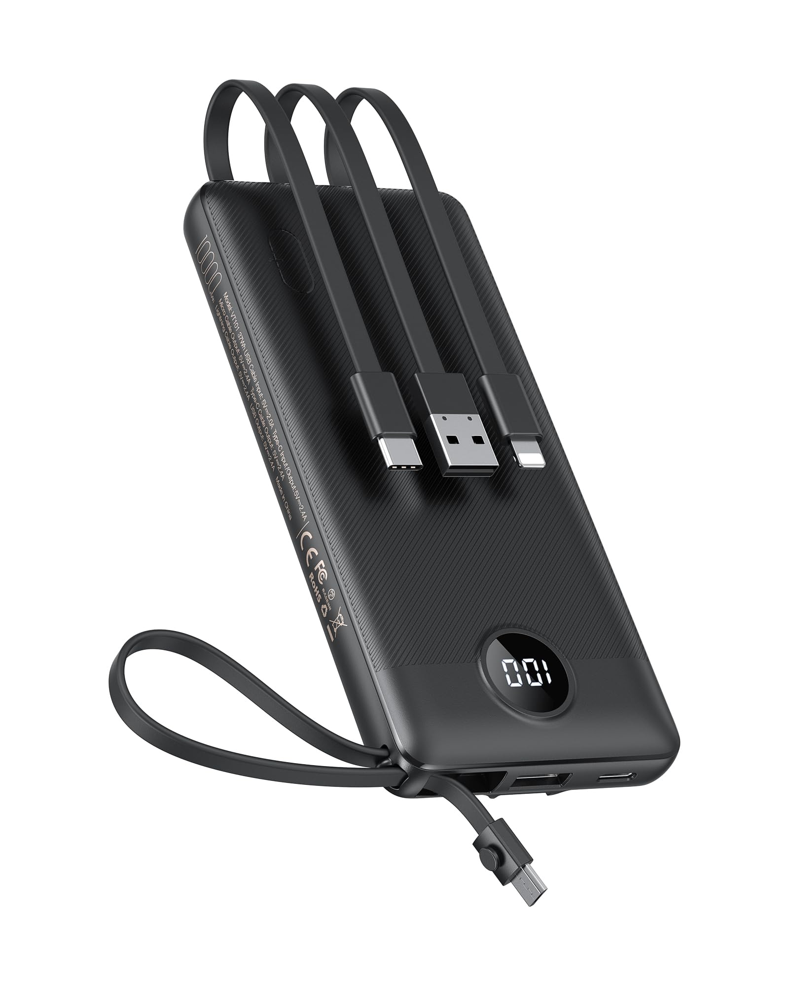 VEEKTOMX Portable Charger with 4 Built-in Cables — 10000mAh Slim Power Bank, USB-C Battery Pack with iPhone & Micro USB, TSA Approved Travel Charger for iPhone, Samsung, Android