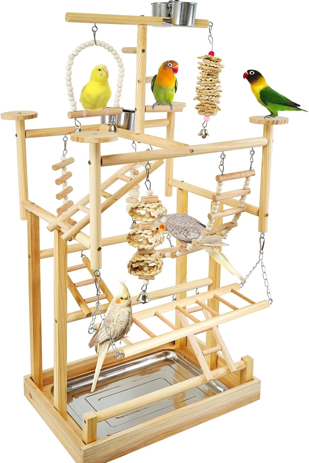 LIMIO Bird Playground - Natural Wood Parrot Playstand with Perches, Bird Play Gym & Accessories, Removable Tray & 4 Stainless Steel Cups