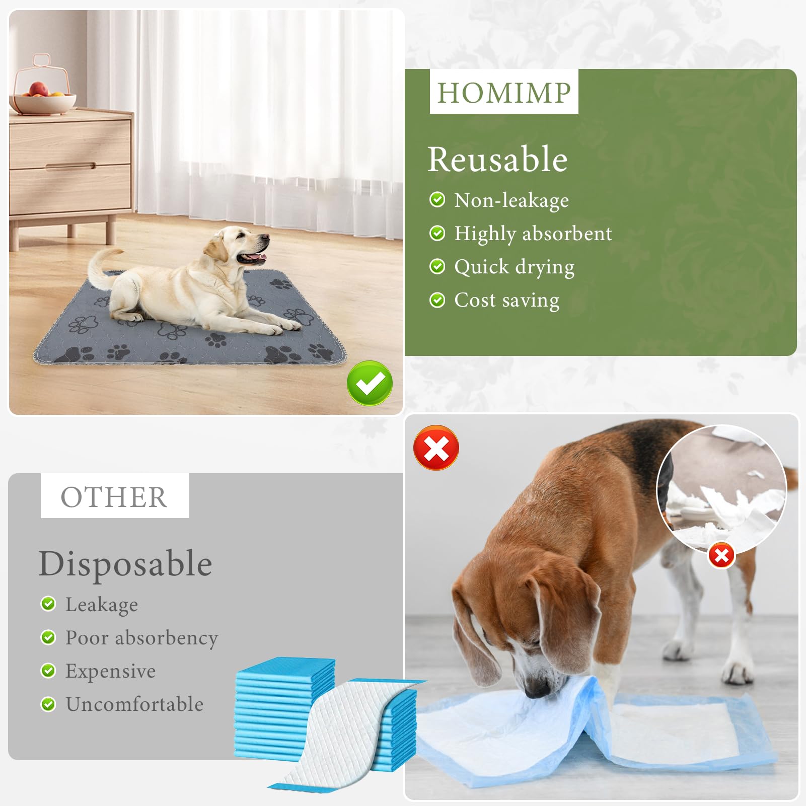 Homimp Washable Pee Pads for Dogs, 2 Pack Reusable Puppy Pads Waterproof, Absorbent and Leakproof Dog Pee Pads, Non Slip Puppy Training Pads, Pet Mat for Floor,Crate,Couch,Whelping,Beige 36"x36"