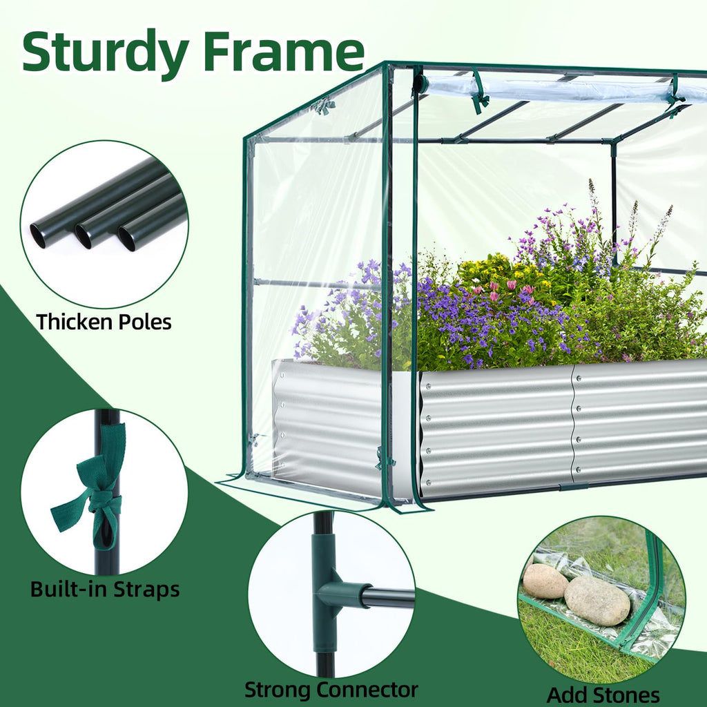 Ohuhu 8x4x1 FT Raised Garden Bed with Cover, 3-in-1 Galvanized Metal Planter Box with Greenhouse for Outdoor Plants, Dual-Side Access for Easy Plant Care, All-Season Frost & Pest Protection
