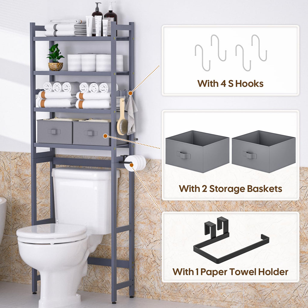 Cozivolife Over The Toilet Storage: 4-Tier Bamboo Organizer Rack with 2 Baskets & Paper Holder & 4 Hooks & Waterproof Feet Pad, Adjustable Freestanding Shelf for Bathroom (Brown)