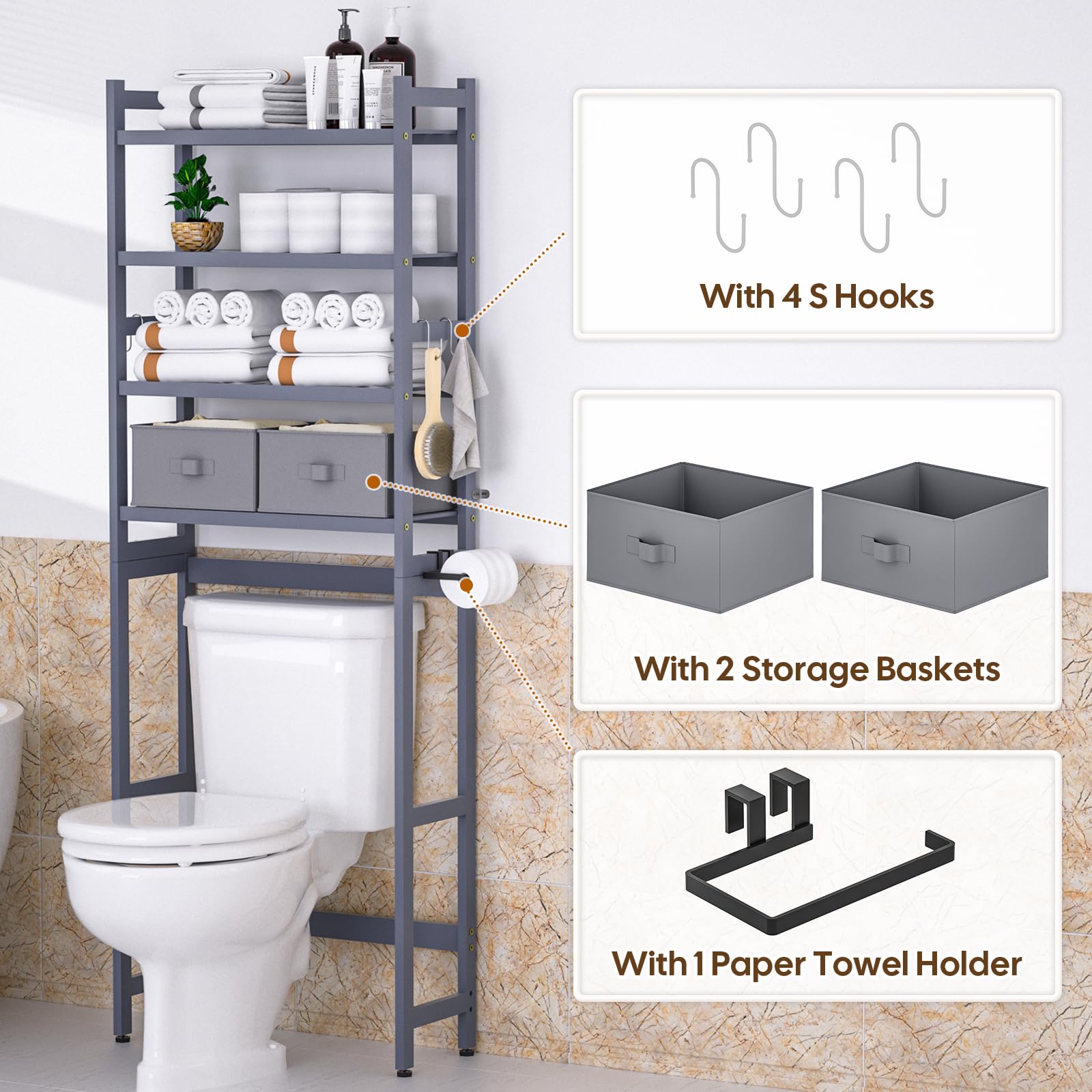 Cozivolife Over The Toilet Storage: 4-Tier Bamboo Organizer Rack with 2 Baskets & Paper Holder & 4 Hooks & Waterproof Feet Pad, Adjustable Freestanding Shelf for Bathroom (Brown)