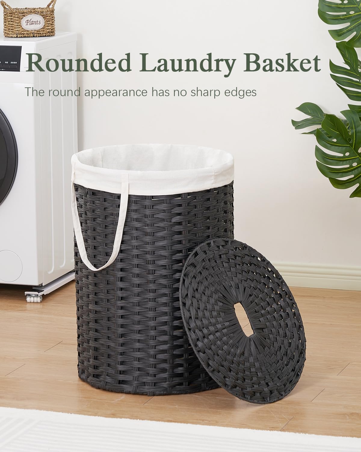 SETVSON Laundry Hamper with Lid Laundry Basket with Lid 19.0 Gal (72 L) Round Wicker Laundry Basket Handwoven Rattan Basket with Lid Removable Bag 2 Mesh Bags Handles for Living Room Bathroom Black